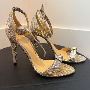Alexandre Birman Clarita Bow  Elegant Snakeskin High Heel Sandals Gold & Silver